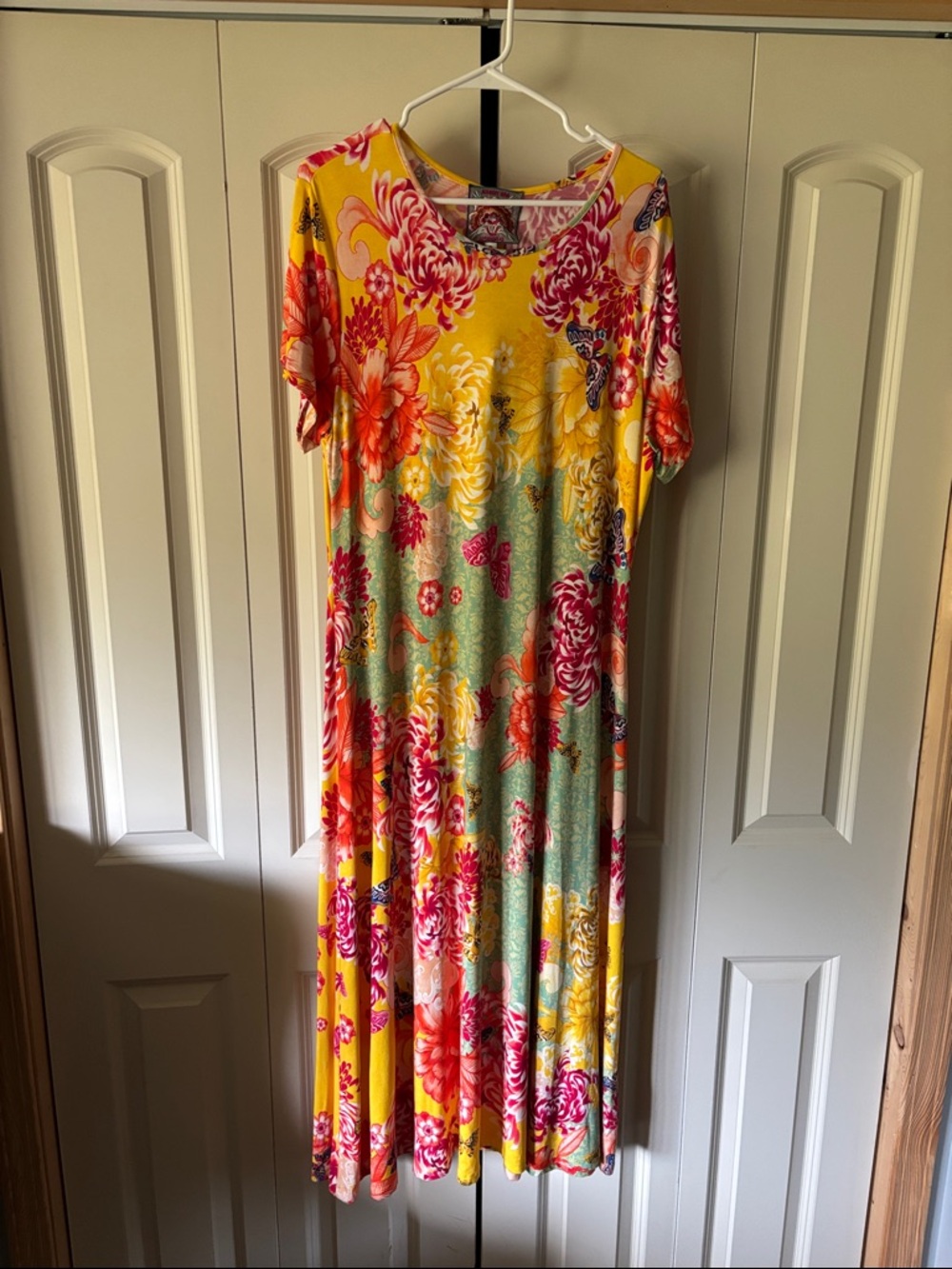 NWT Johnny Was Yellow Maxi Dress with Pink and Coral Floral Print